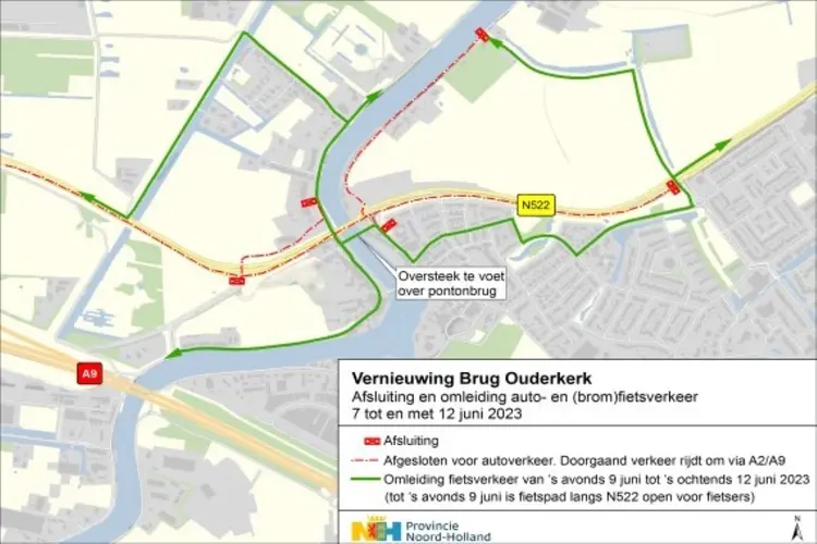Afsluiting N522 bij Ouderkerk aan de Amstel van 7 tot 12 juni 2023